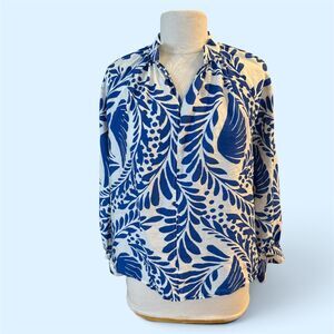 Women’s Blue/White Floral Bird V-Neck Puff Sleeve Blouse Raglan Sleeve Sz Small